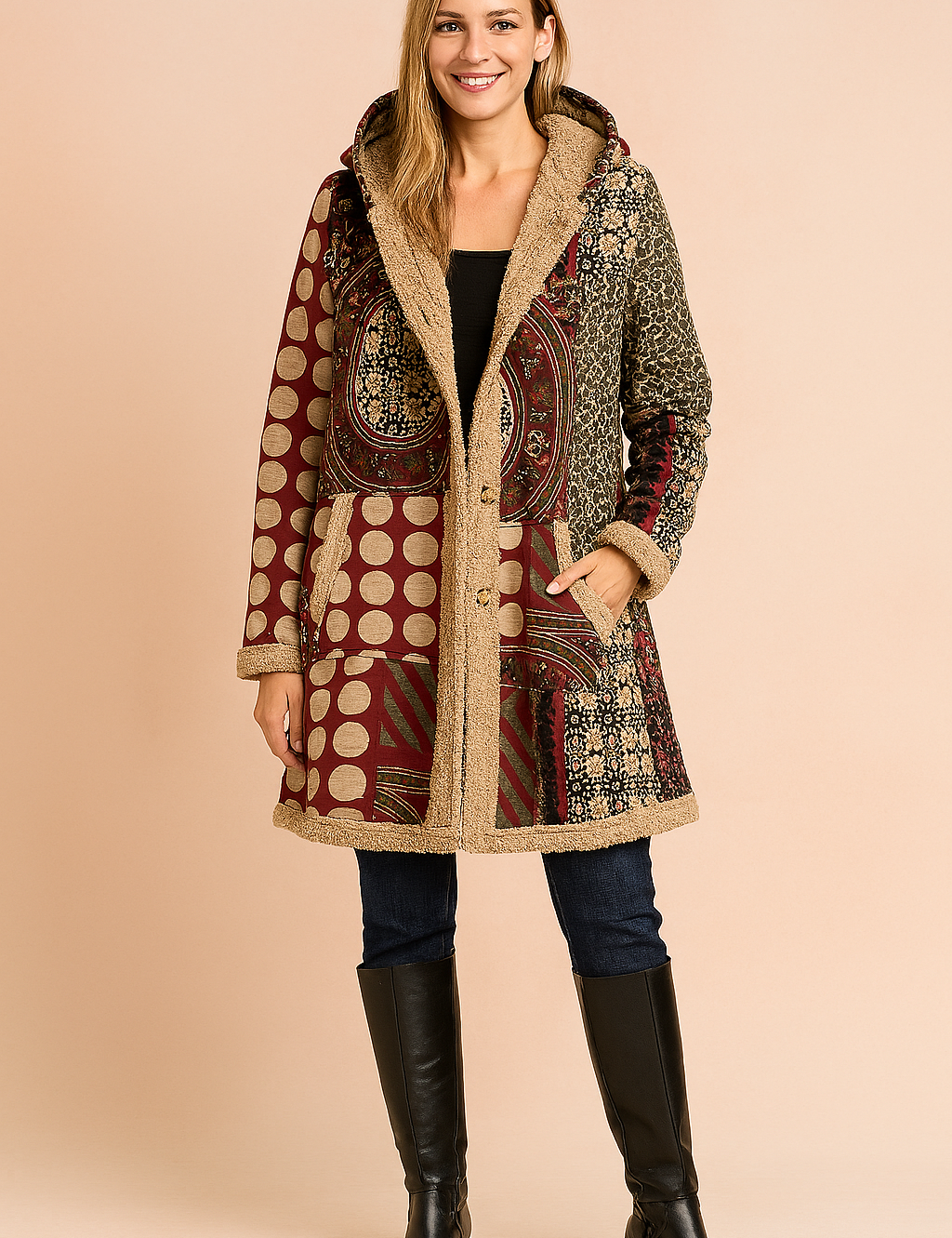 Patchwork fleece-lined winter coat in burgundy with beige polka dots, circular mandala and floral print accents, dual front pockets, and button-down closure.