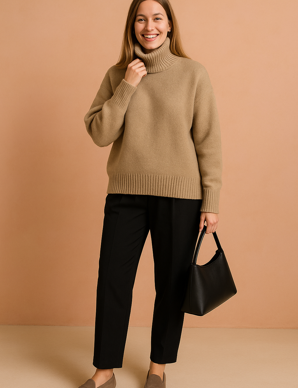 Beige oversized ribbed knit turtleneck sweater paired with black straight-leg trousers and taupe suede loafers, styled with a structured black handbag.