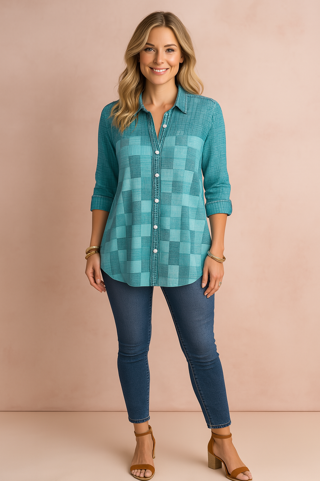 Women's casual outfit featuring a checkered button-up brown shirt with 3/4 sleeves, paired with high-waisted blue skinny jeans and white low-top sneakers.