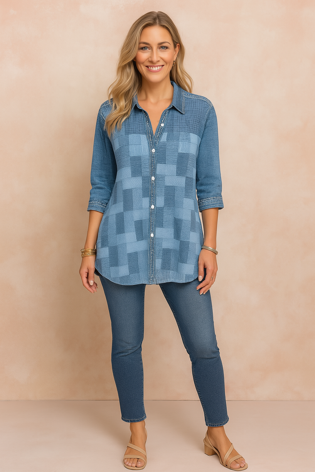 Women's casual outfit featuring a checkered button-up brown shirt with 3/4 sleeves, paired with high-waisted blue skinny jeans and white low-top sneakers.