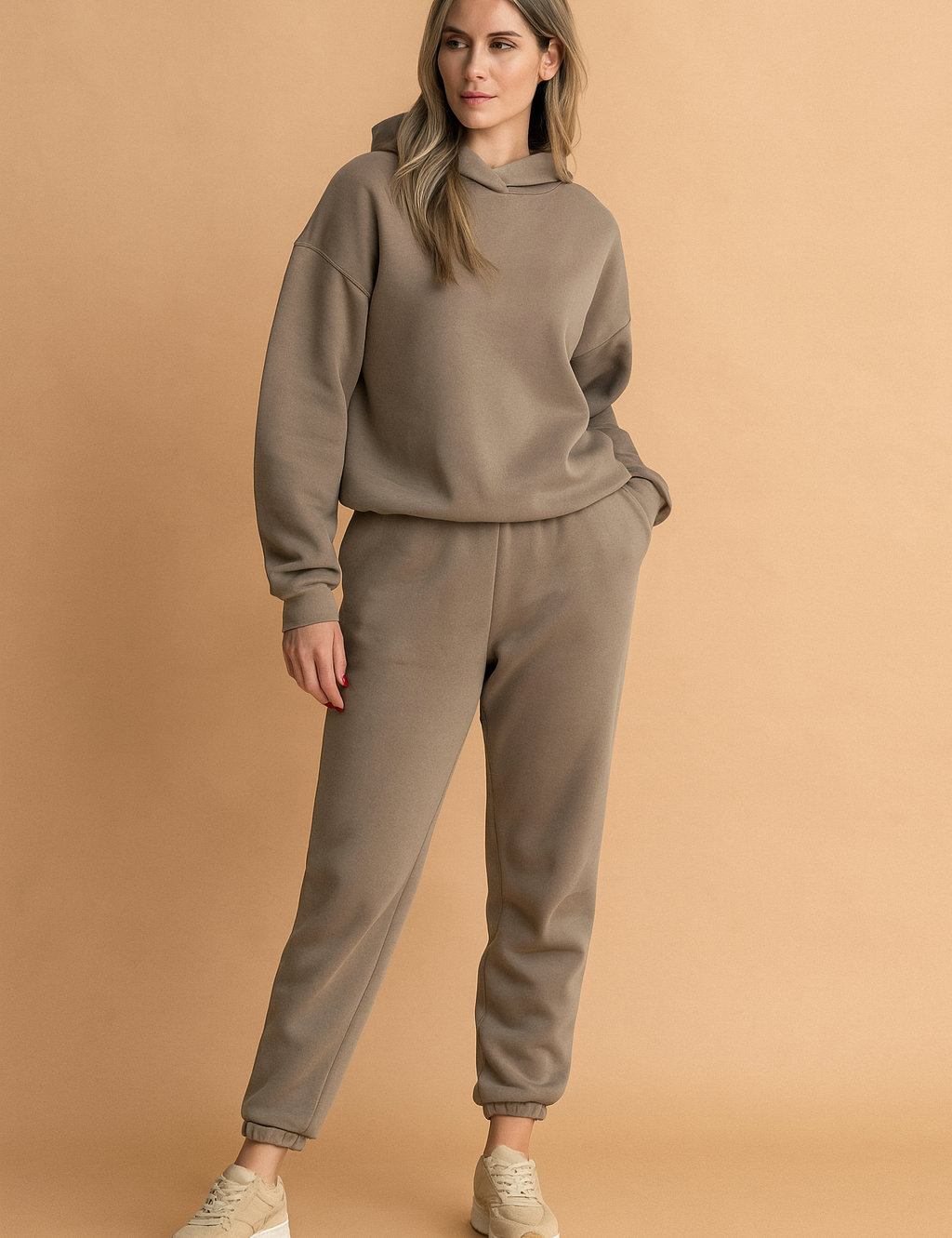 Taupe fleece-lined oversized hoodie and matching high-waisted joggers set with cuffed ankles, crafted in soft cotton-blend fabric featuring a smooth, matte finish and minimal seam detailing.