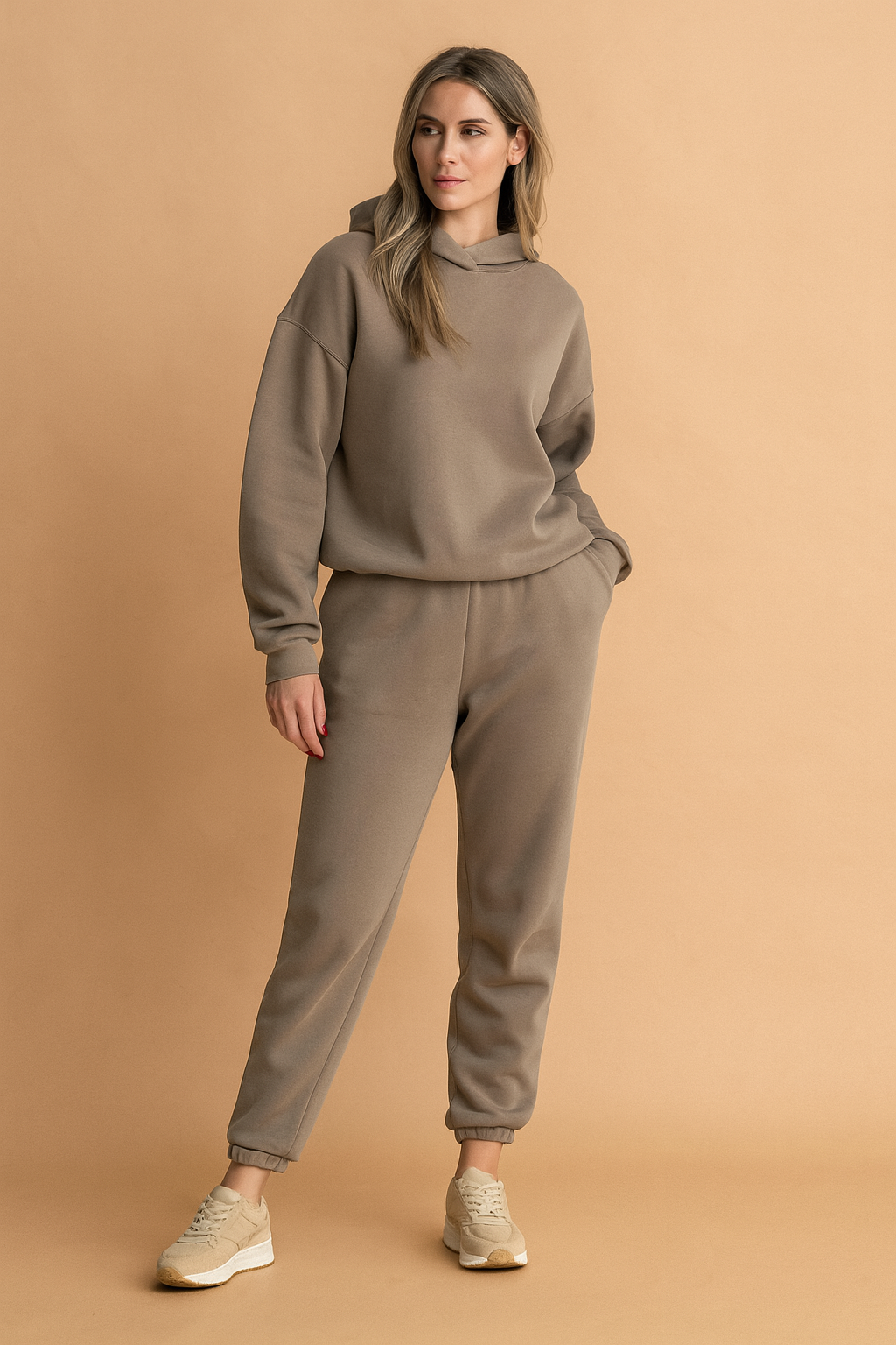 Taupe fleece-lined oversized hoodie and matching high-waisted joggers set with cuffed ankles, crafted in soft cotton-blend fabric featuring a smooth, matte finish and minimal seam detailing.