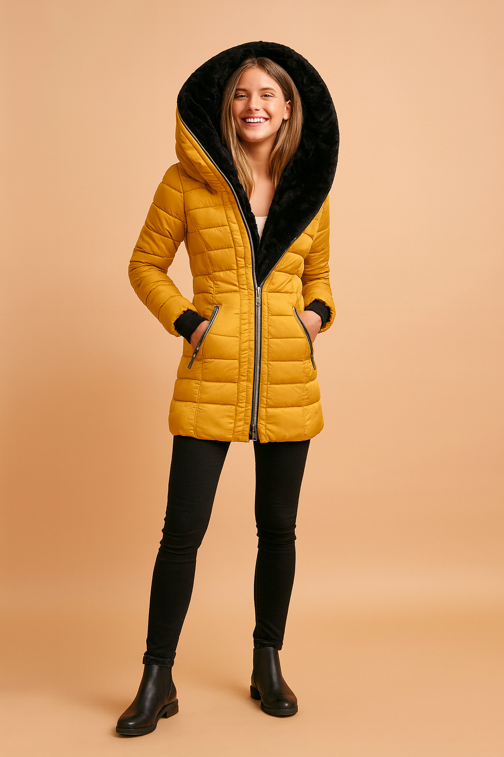 Yellow puffer winter jacket with oversized asymmetrical hood and black plush lining, featuring front zipper closure and zippered side pockets.