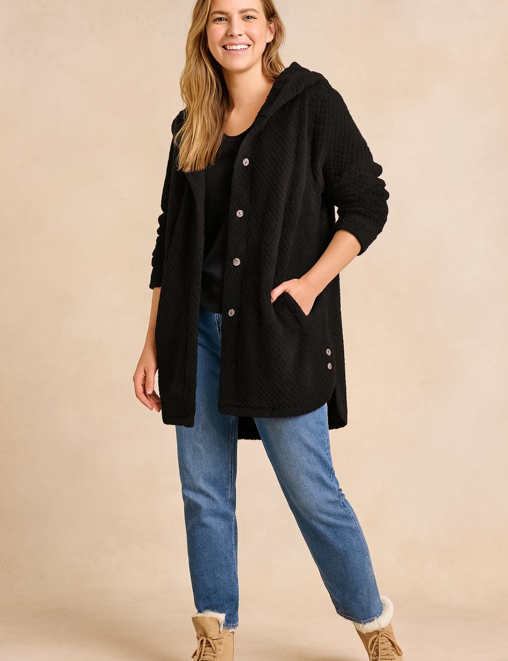 Black quilted button-down hooded jacket for women with long sleeves and side pockets, styled with straight-leg denim jeans and beige lace-up ankle boots
