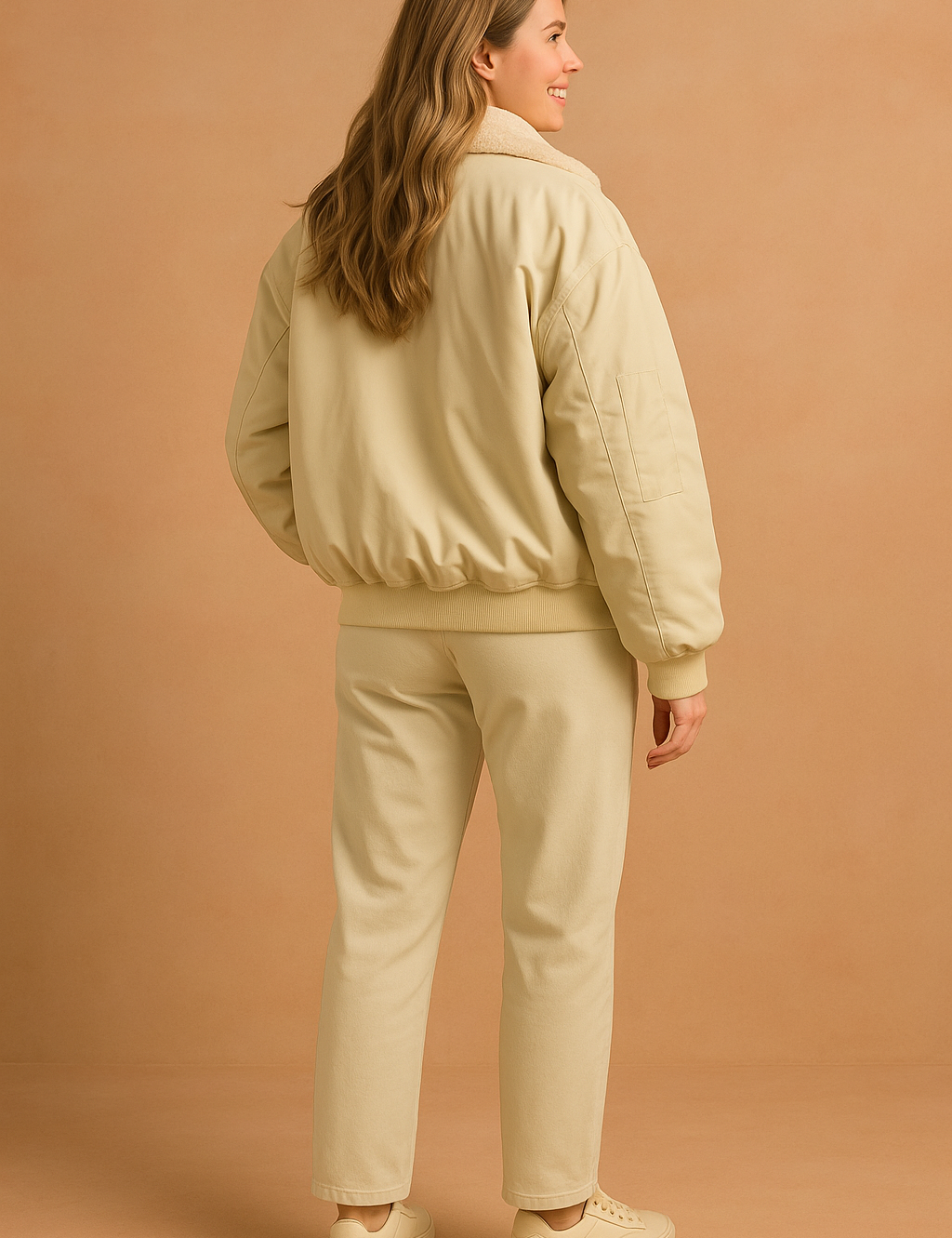 Full-body back view of oversized cream bomber jacket with faux-fur collar, ribbed hem, sleeve pocket, paired with straight-leg pants and cream sneakers.