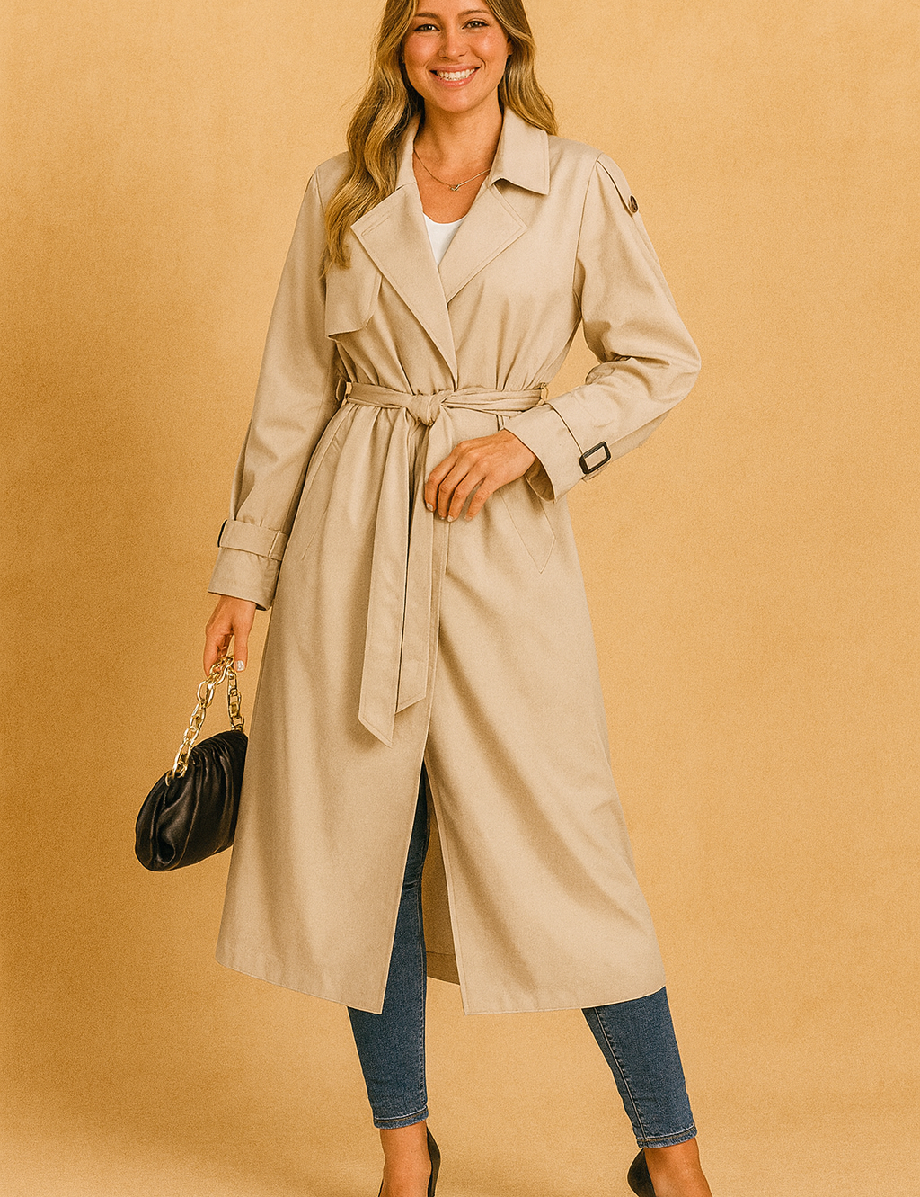 Beige belted trench coat with storm flaps and button details, styled with slim blue jeans, black heels, and a black handbag with chain strap.