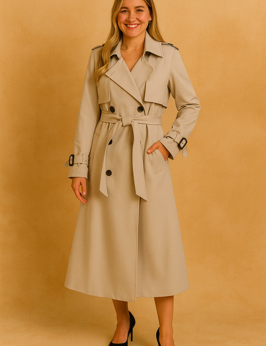 Beige double-breasted trench coat with belt, button closure, and cuff buckles, paired with black pointed heels