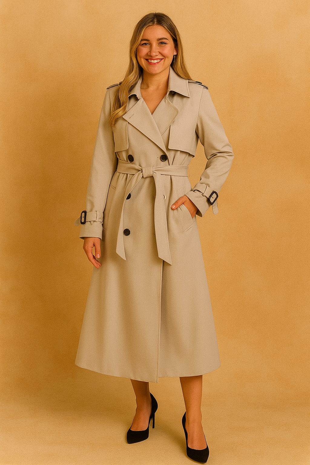 Beige double-breasted trench coat with belt, button closure, and cuff buckles, paired with black pointed heels
