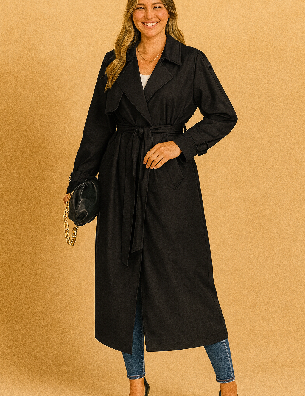 Black belted trench coat with storm flaps and button details, styled with slim blue jeans, black heels, and a black clutch with gold chain strap.