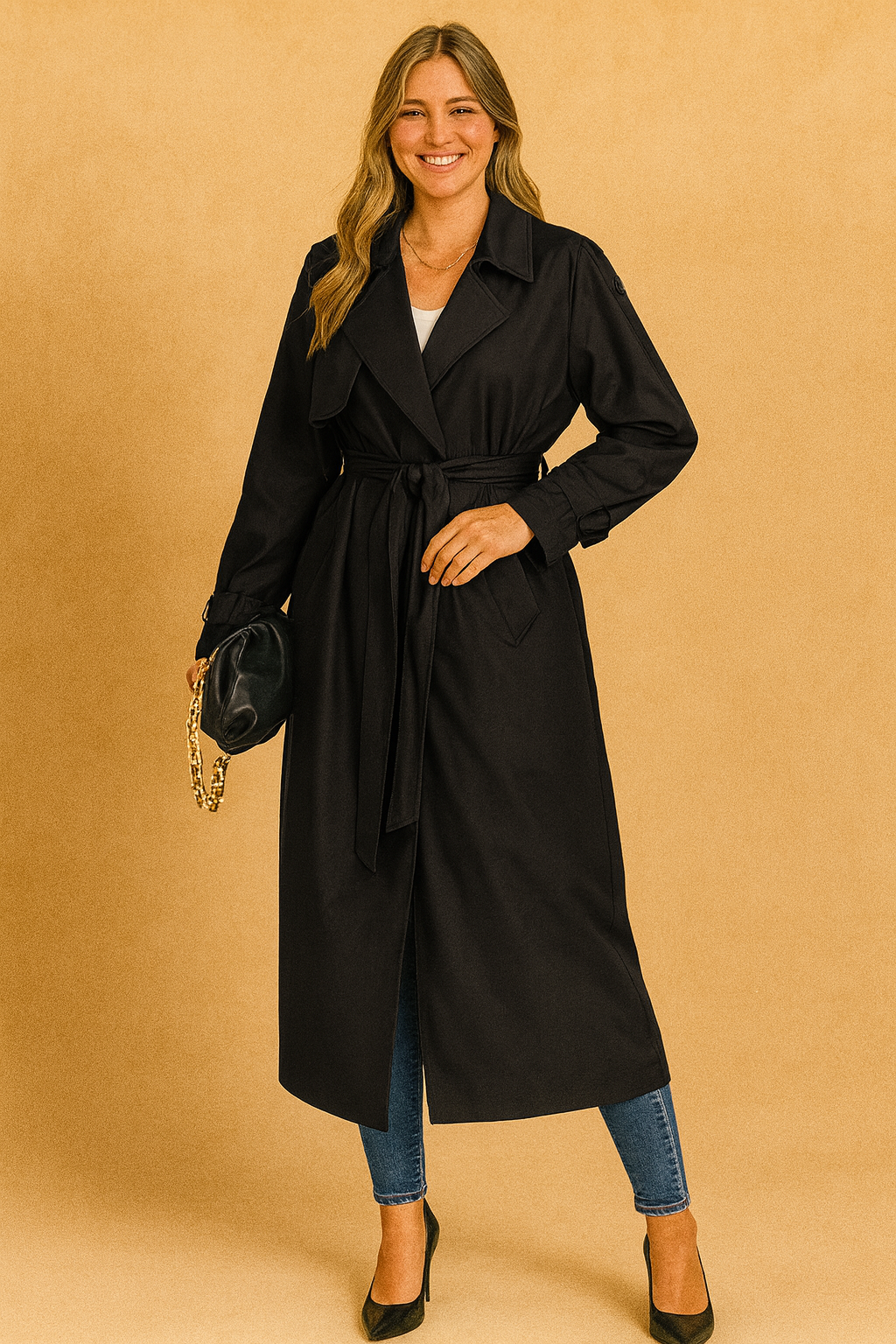 Black belted trench coat with storm flaps and button details, styled with slim blue jeans, black heels, and a black clutch with gold chain strap.