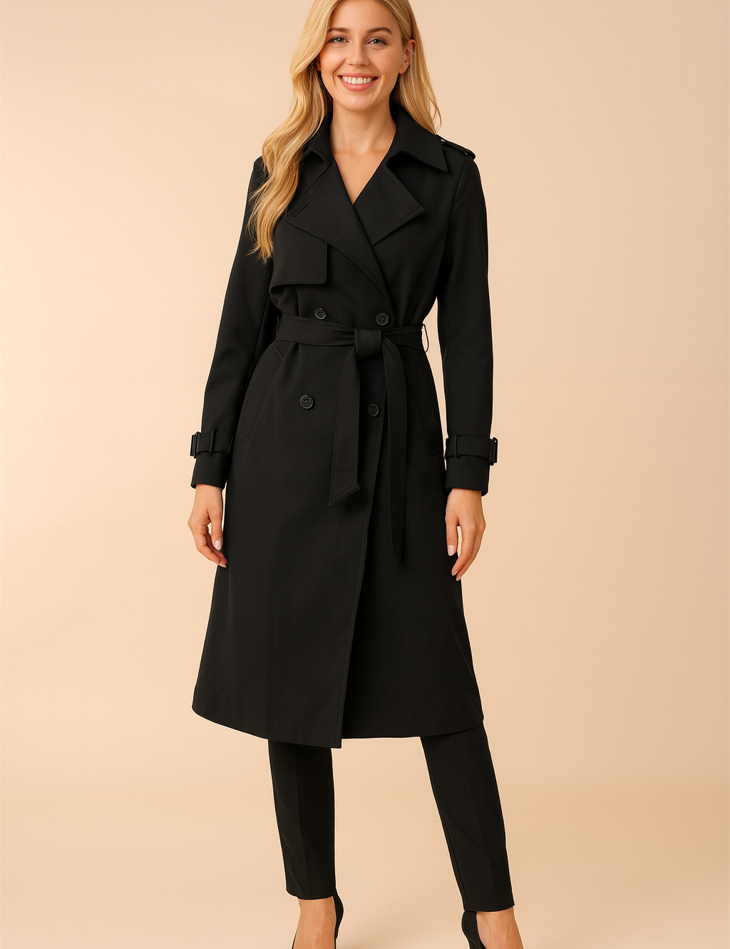 Black double-breasted trench coat with waist tie and buckle cuffs, tailored for a sleek