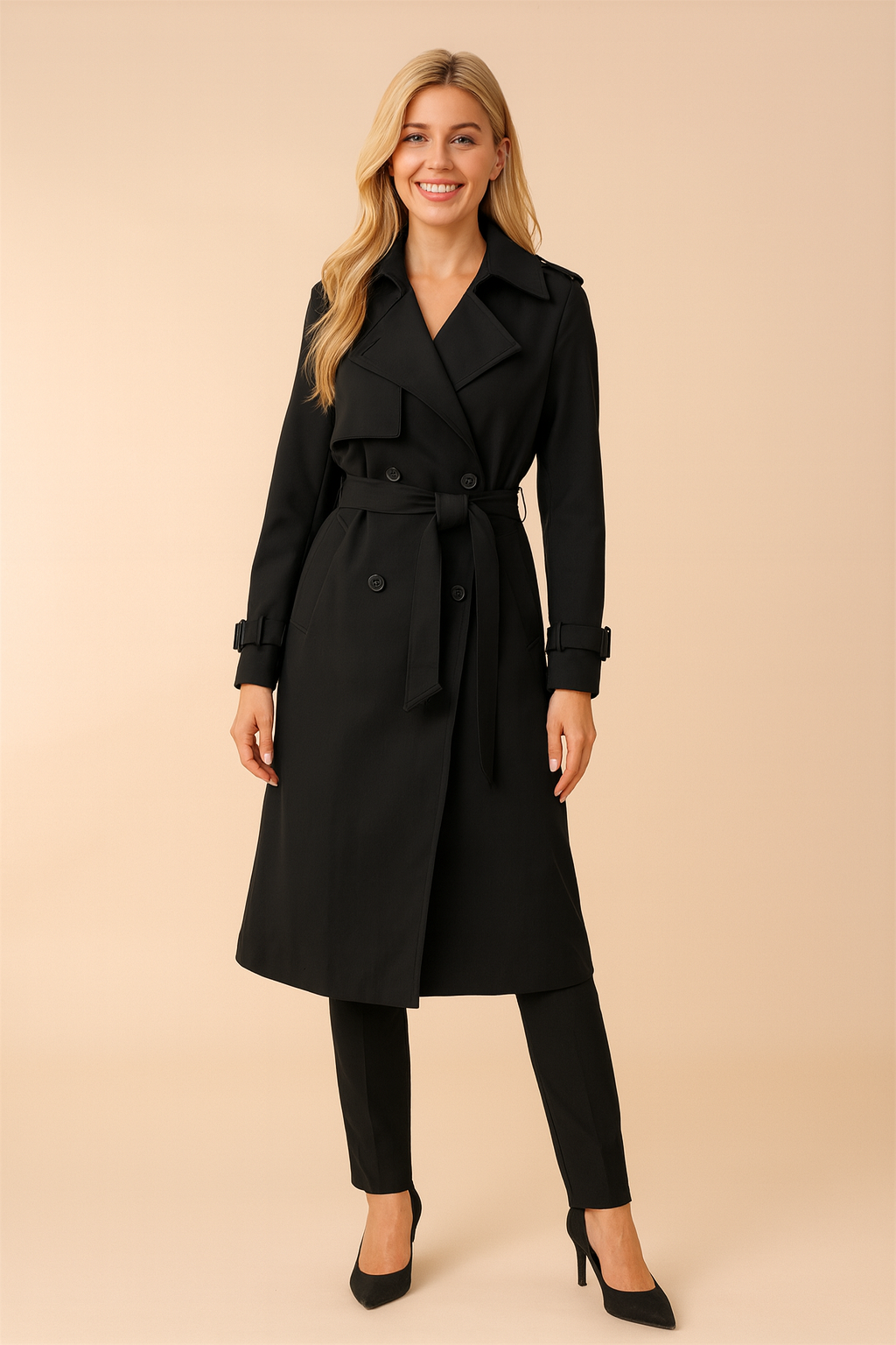 Black double-breasted trench coat with waist tie and buckle cuffs, tailored for a sleek