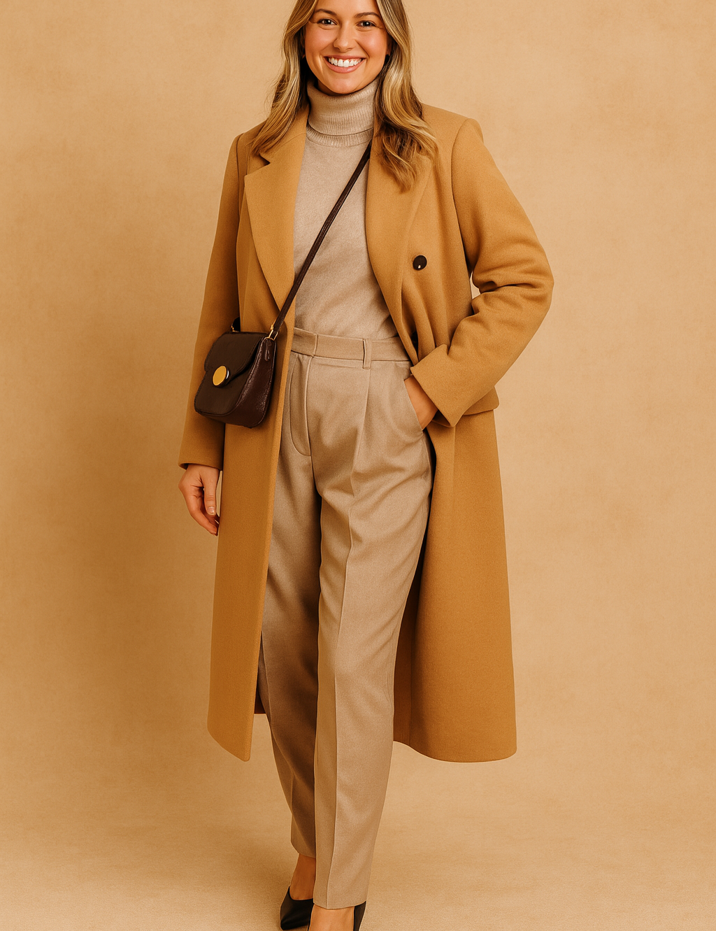Camel wool coat styled with beige turtleneck sweater, high-waisted pleated trousers, black pointed heels, and a dark crossbody bag.
