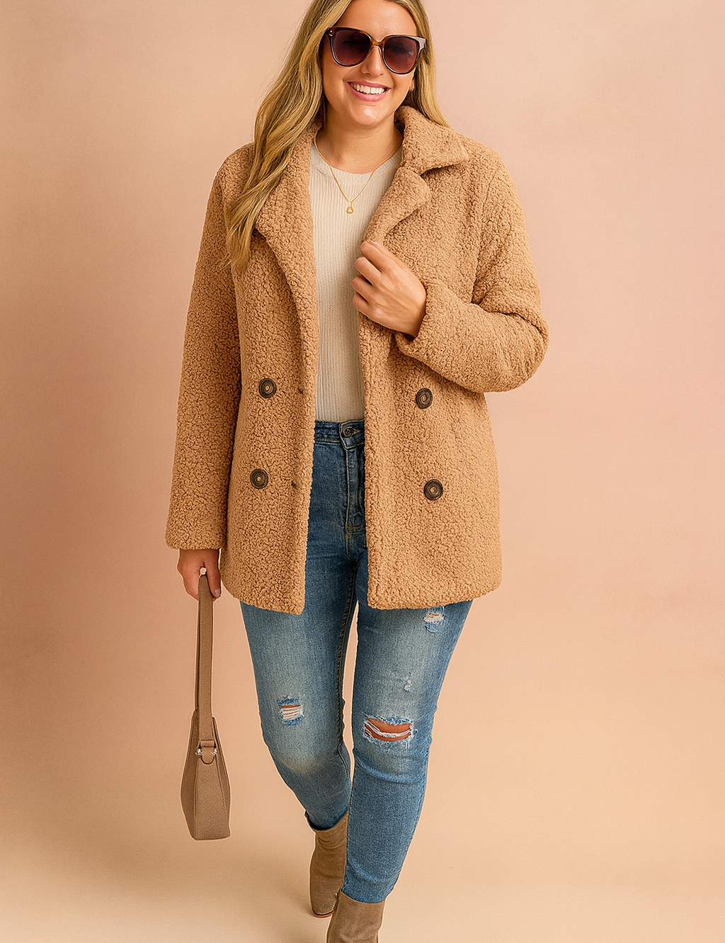 Camel teddy coat with double-breasted buttons, styled with a cream sweater, distressed blue jeans, taupe ankle boots, and a beige handbag.