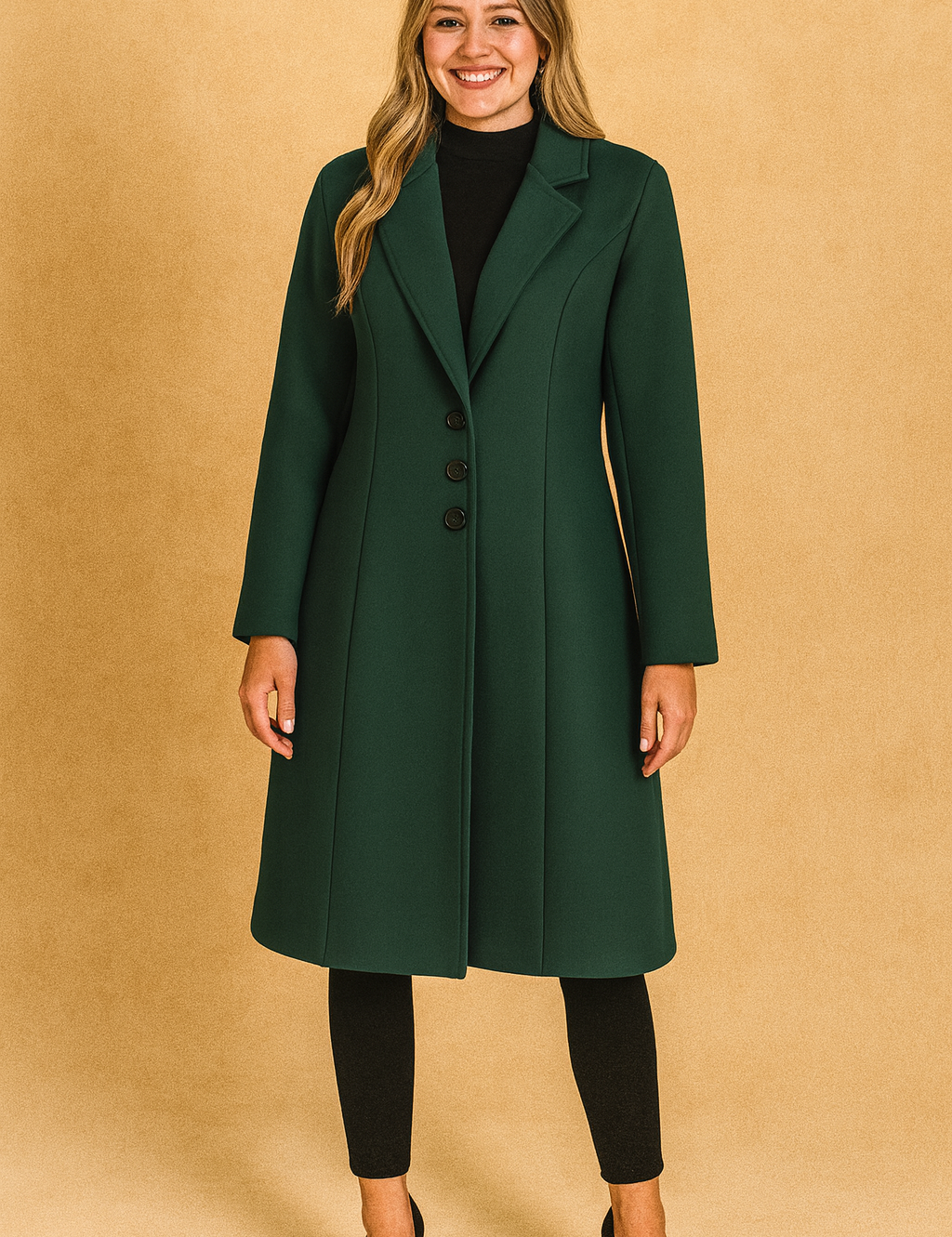 Dark green tailored coat with button closure, styled with a black turtleneck, slim black trousers, and black heels.