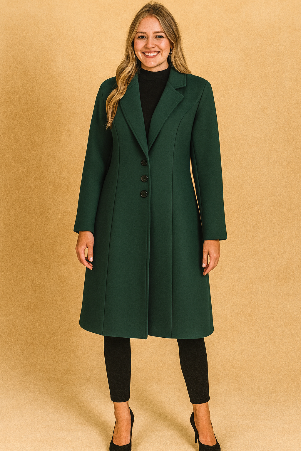 Dark green tailored coat with button closure, styled with a black turtleneck, slim black trousers, and black heels.