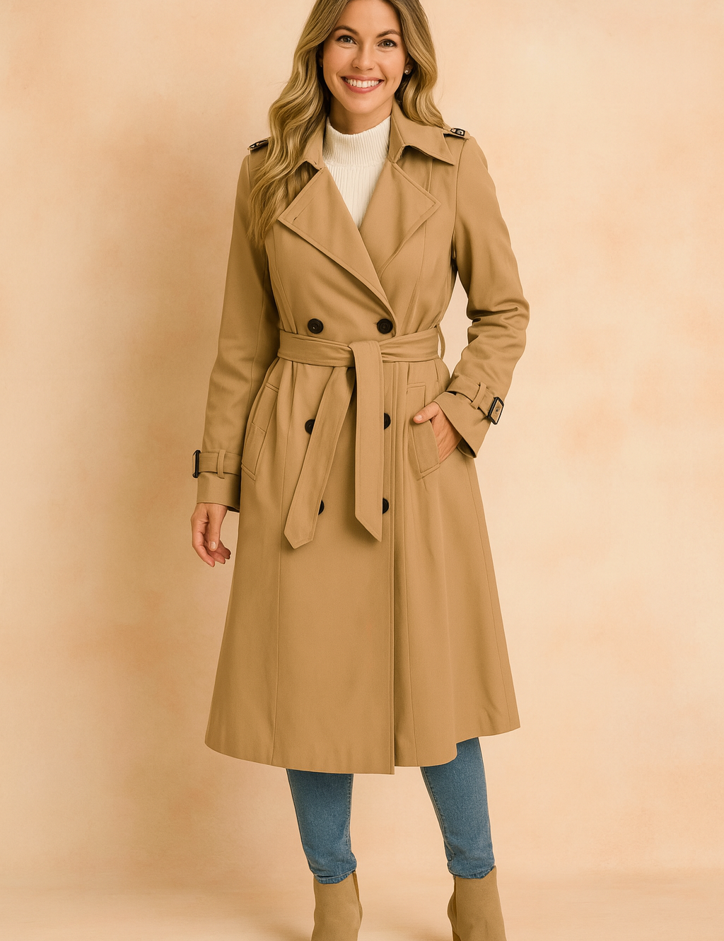 Khaki trench coat with double-breasted buttons, belted waist, paired with a cream turtleneck, slim-fit jeans, and beige ankle boots