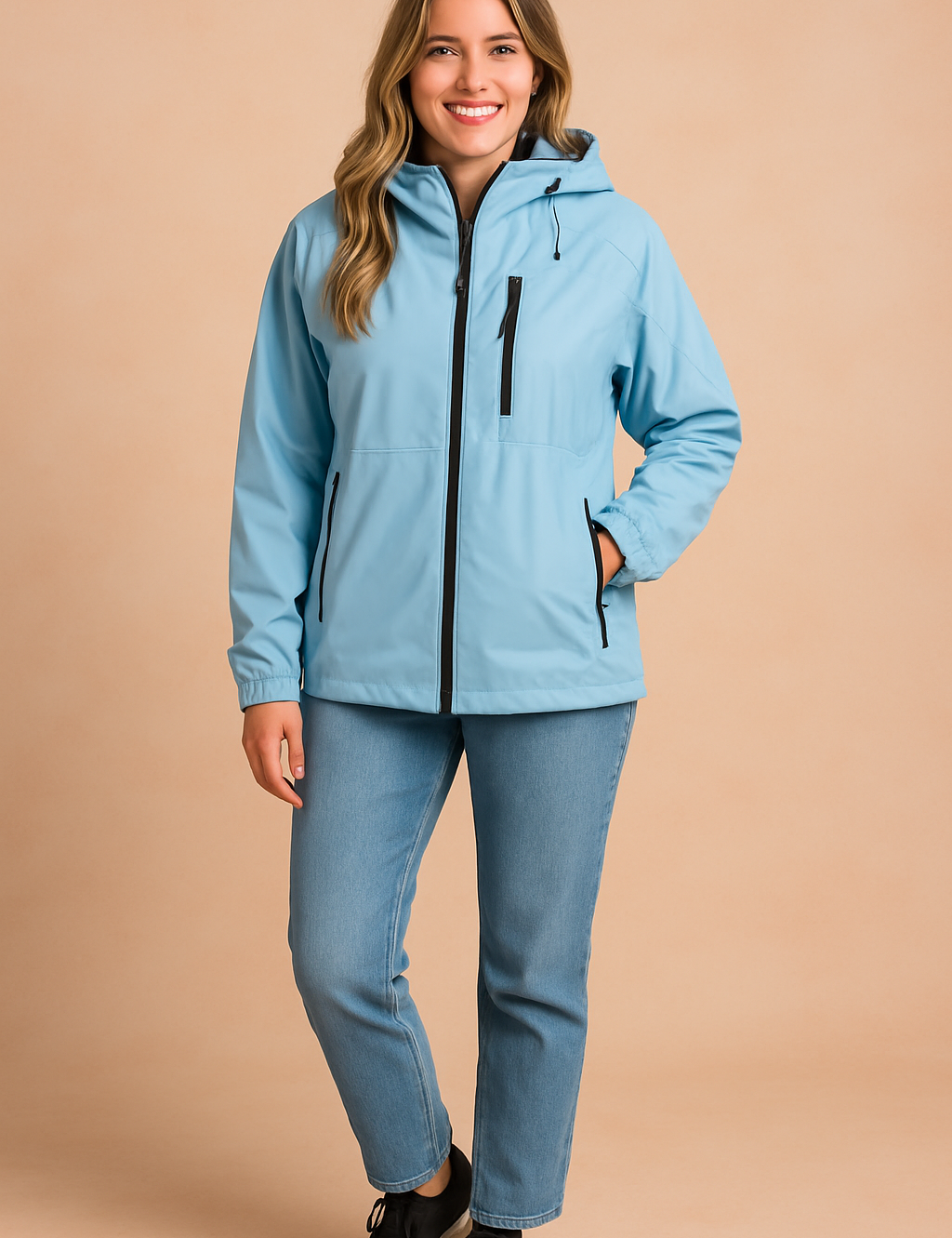 Light blue hooded jacket with black zipper details, styled with a black top, light denim jeans, and black sneakers, worn in a flattering full-body look.