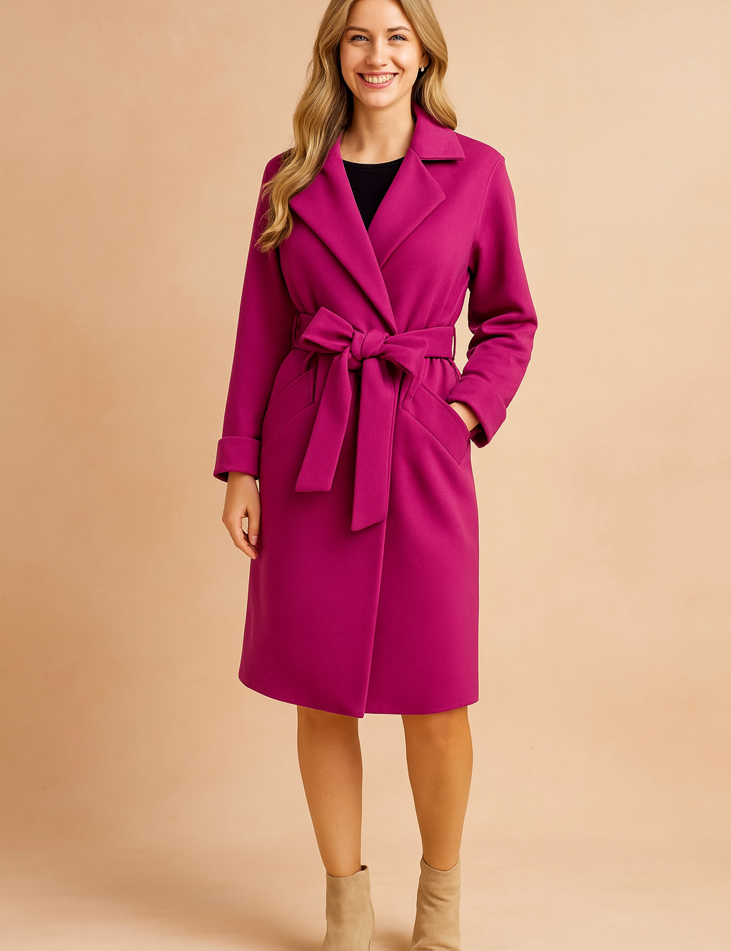 Magenta belted trench coat with a classic collar, fitted waist, and knee-length cut, paired with beige ankle boots