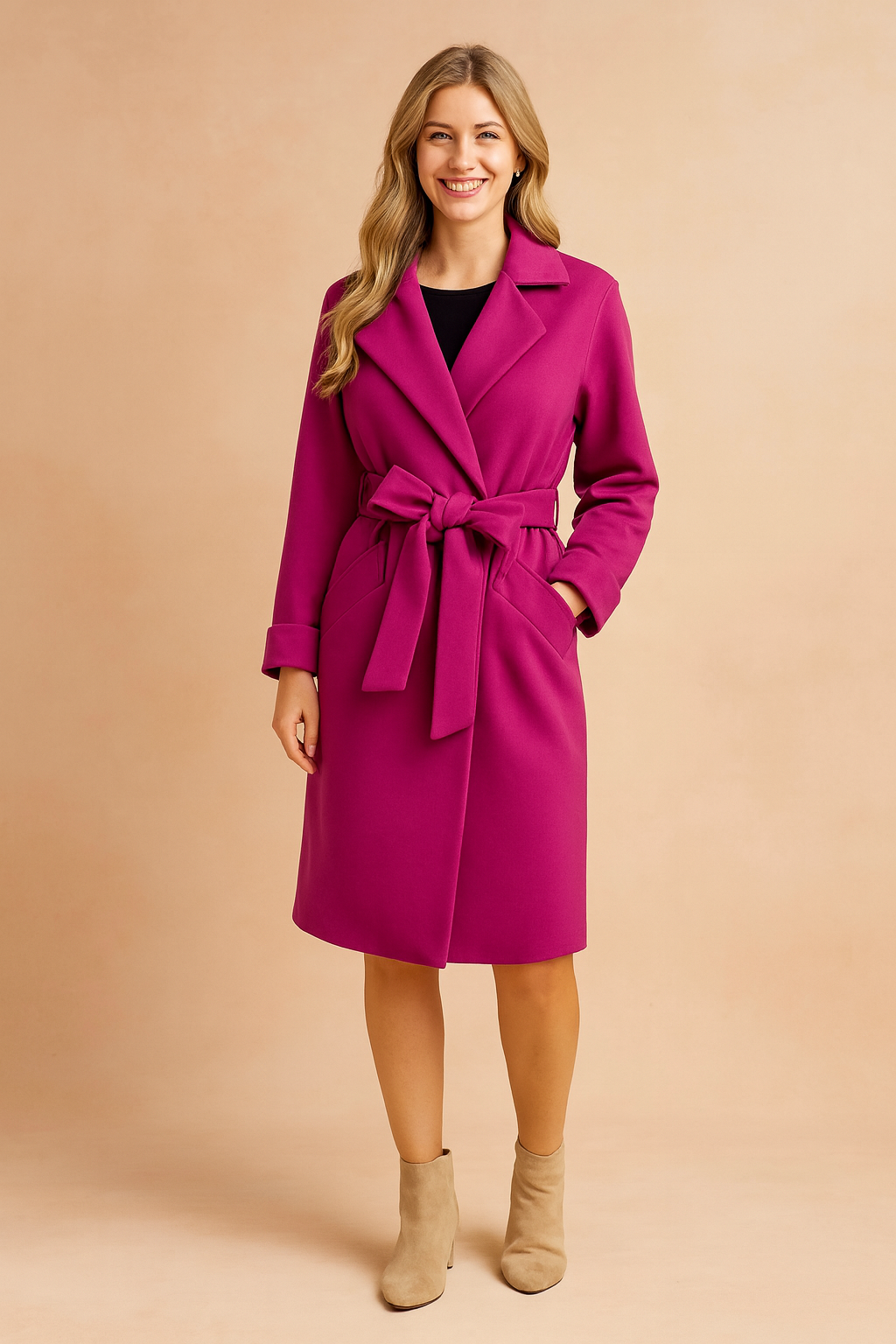 Magenta belted trench coat with a classic collar, fitted waist, and knee-length cut, paired with beige ankle boots
