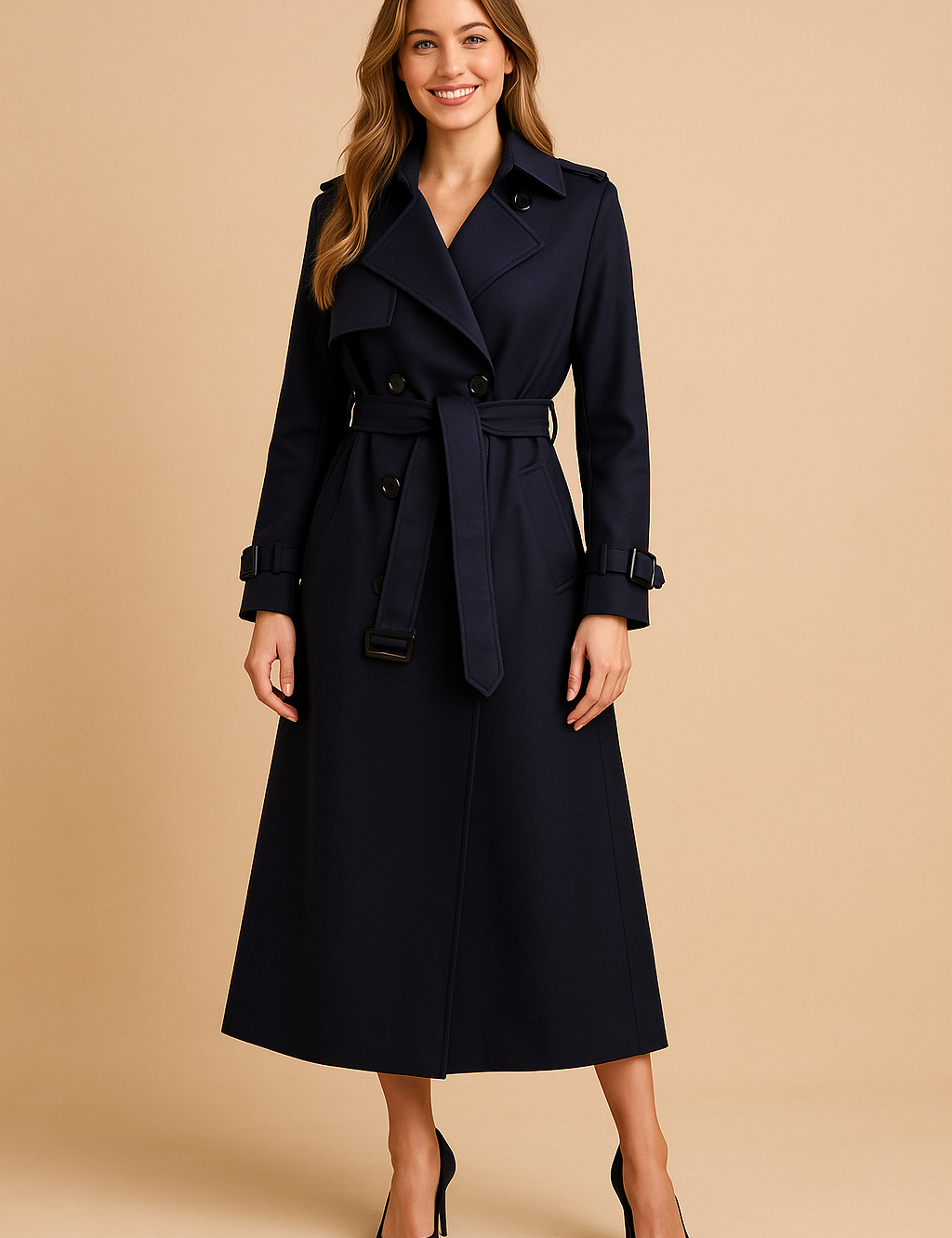 Navy blue trench coat with double-breasted front, waist belt, and cuff buckles, styled with black pointed heels.
