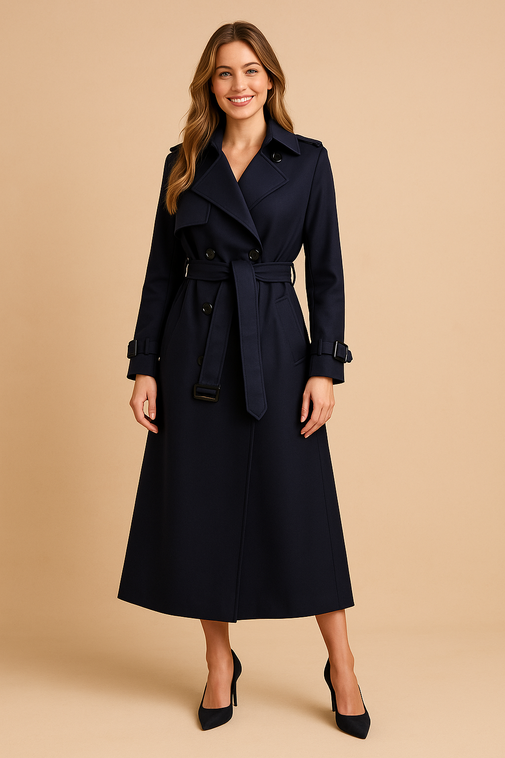 Navy blue trench coat with double-breasted front, waist belt, and cuff buckles, styled with black pointed heels.