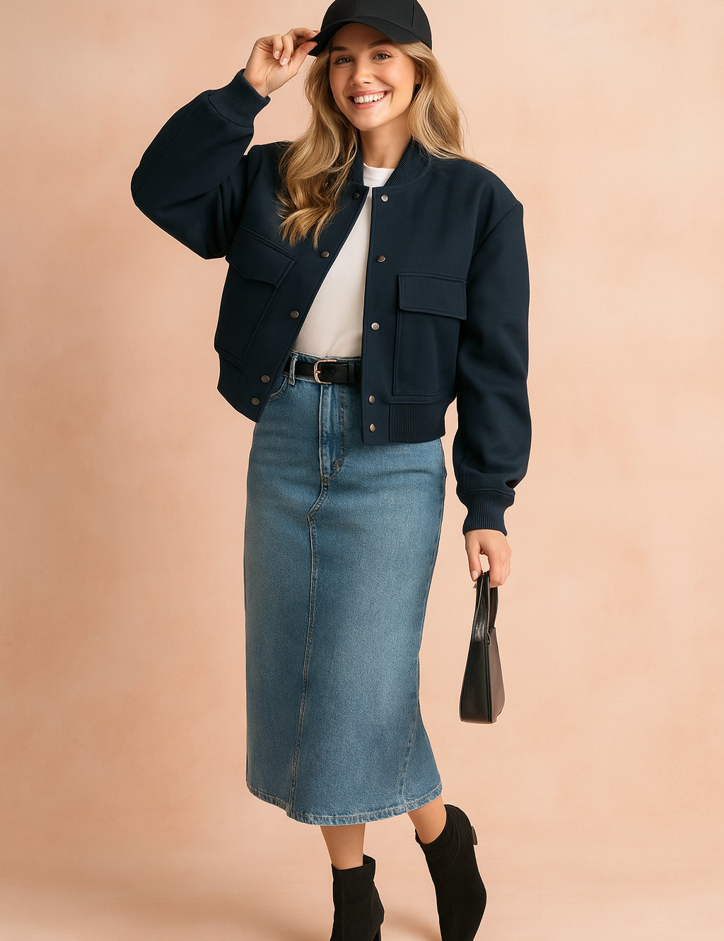 Cropped navy bomber jacket with snap buttons and front pockets, paired with a white T-shirt, high-waist denim midi skirt, black ankle boots, and a black