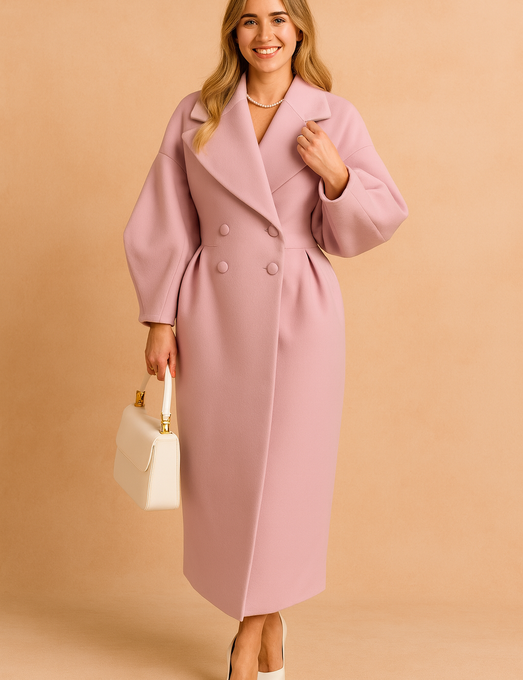 Pastel pink long double-breasted coat with oversized collar and voluminous sleeves, styled with a white handbag and white pointed heels.