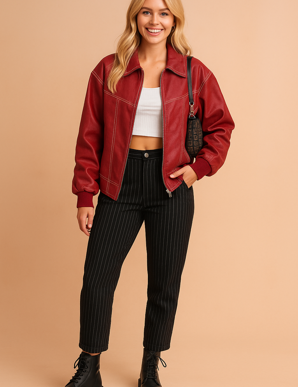 Red zip-up jacket with contrast stitching, paired with a white crop top, black pinstripe trousers, black combat boots, and a black shoulder bag.