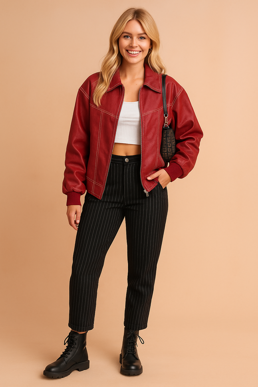 Red zip-up jacket with contrast stitching, paired with a white crop top, black pinstripe trousers, black combat boots, and a black shoulder bag.