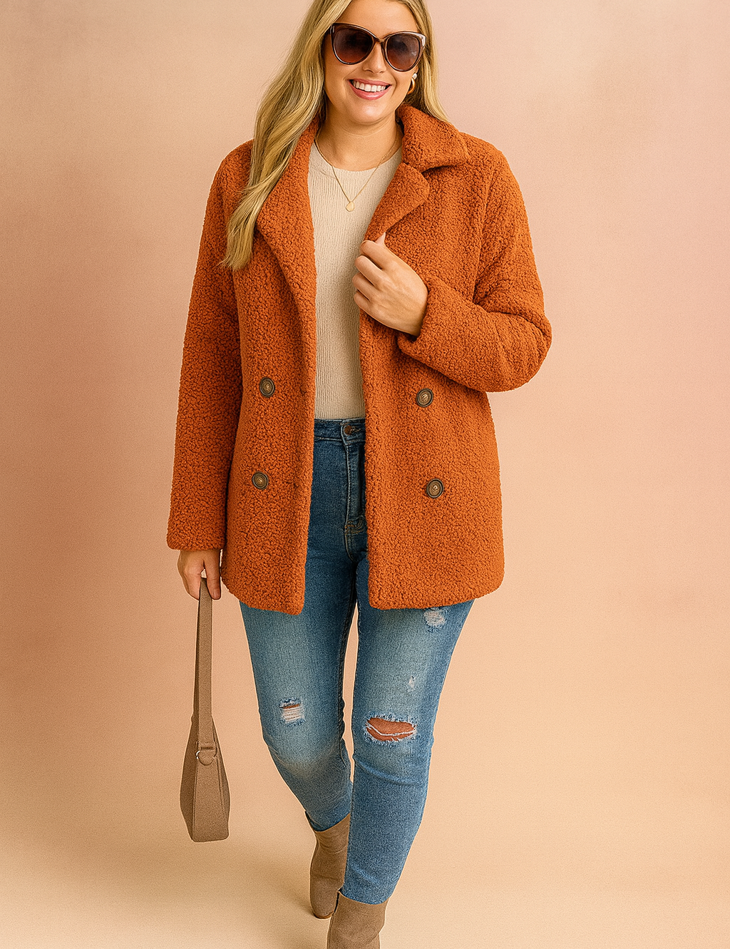 Rust teddy coat with double-breasted buttons, paired with a beige sweater, distressed blue jeans, taupe ankle boots, and a beige handbag