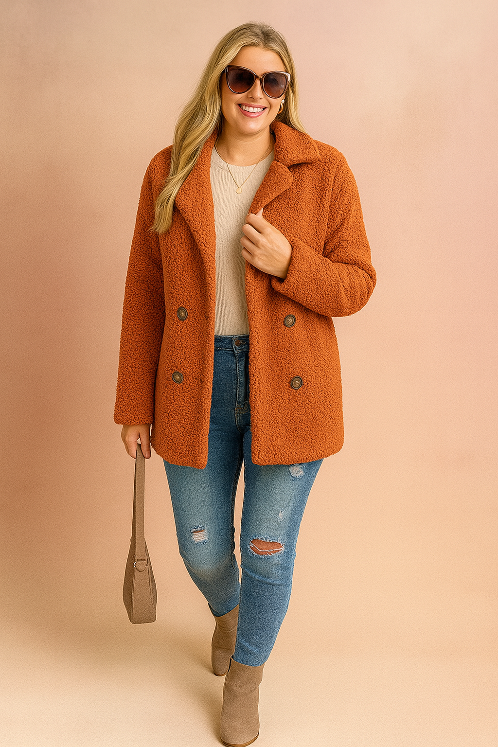 Rust teddy coat with double-breasted buttons, paired with a beige sweater, distressed blue jeans, taupe ankle boots, and a beige handbag