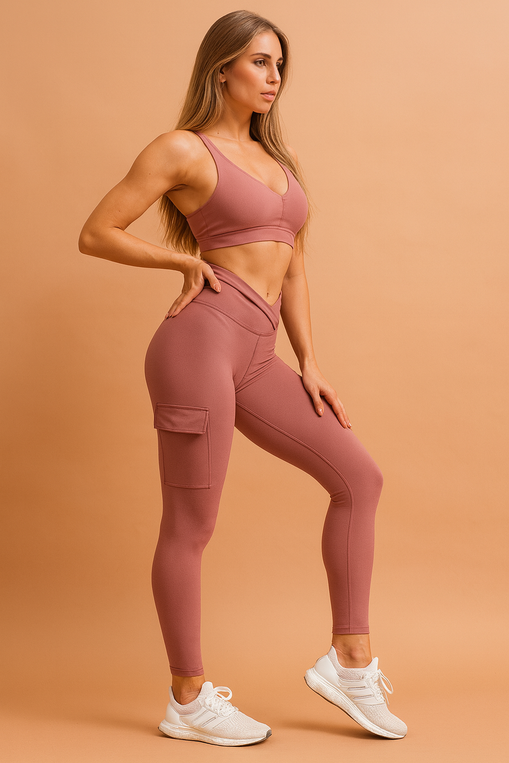 różowe legginsy sportowe z kieszenią cargo, wysoki stan, elastyczny materiał do fitnessu i jogi