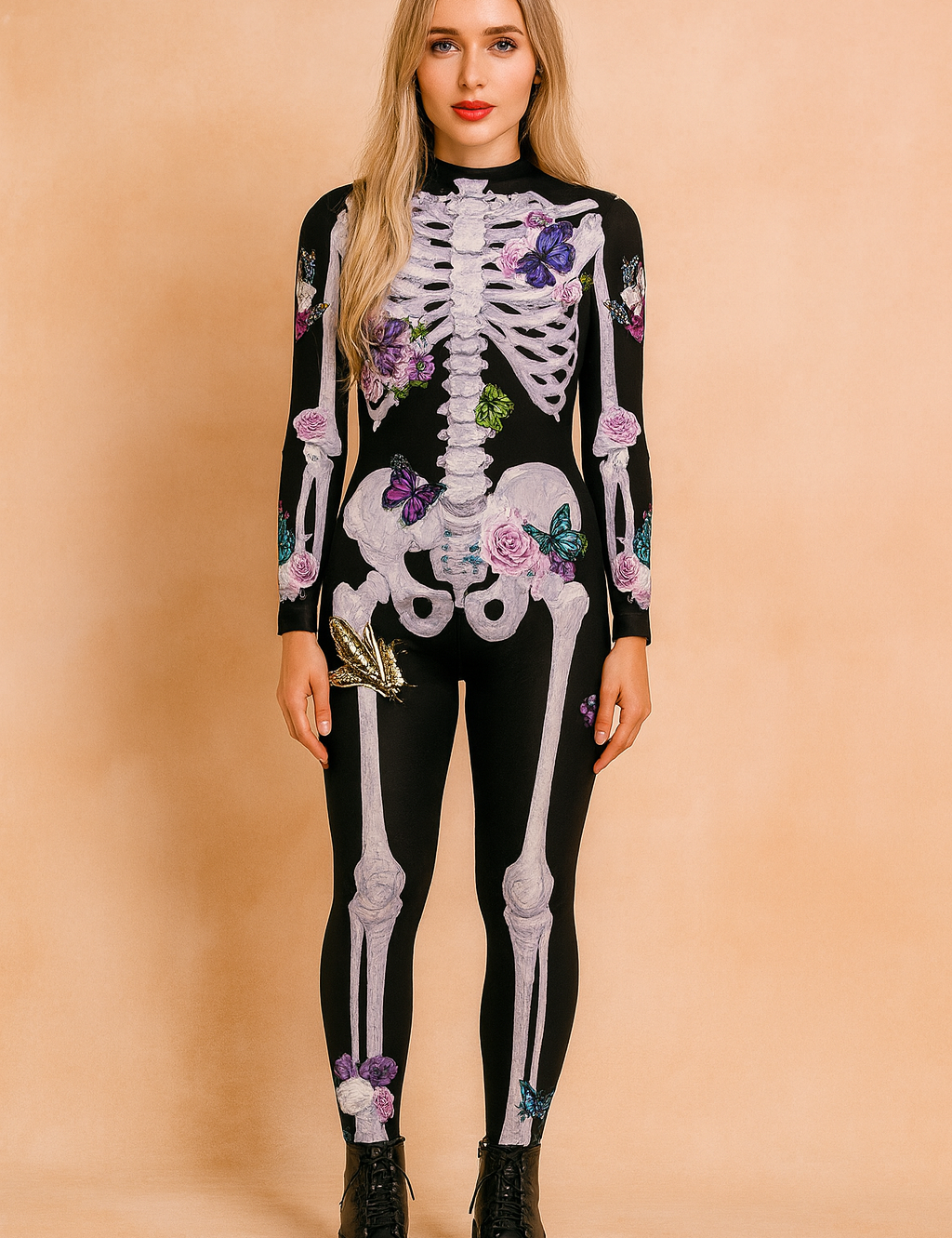 kombinezon halloweenowy z czarną bazą i realistycznym nadrukiem białego szkieletu z identycznymi fioletowo-różowymi kwiatami i motylami, dopasowany krój, pełna długość nóg i rękawów, wierna rekonstrukcja oryginalnego wzoru