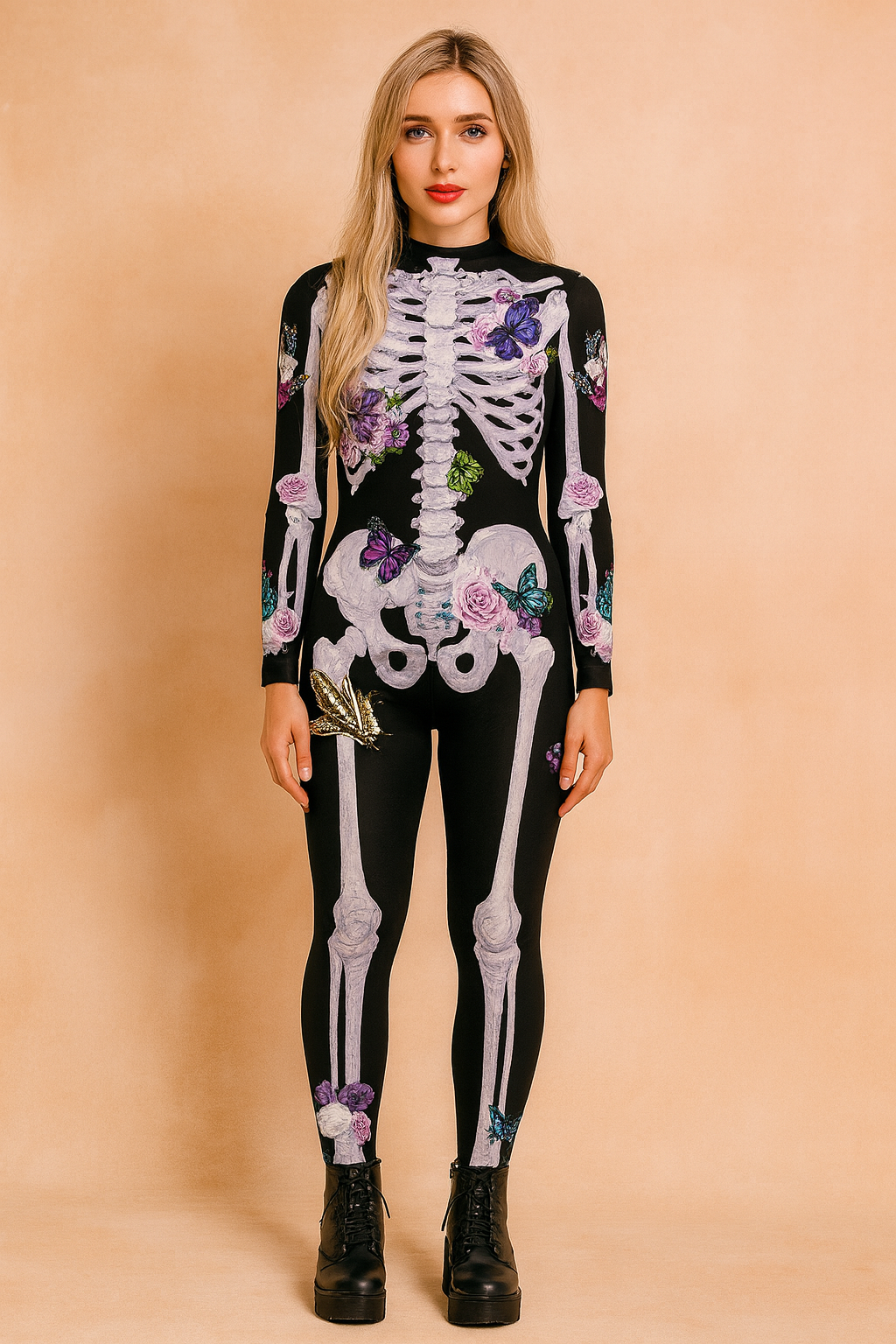 kombinezon halloweenowy z czarną bazą i realistycznym nadrukiem białego szkieletu z identycznymi fioletowo-różowymi kwiatami i motylami, dopasowany krój, pełna długość nóg i rękawów, wierna rekonstrukcja oryginalnego wzoru
