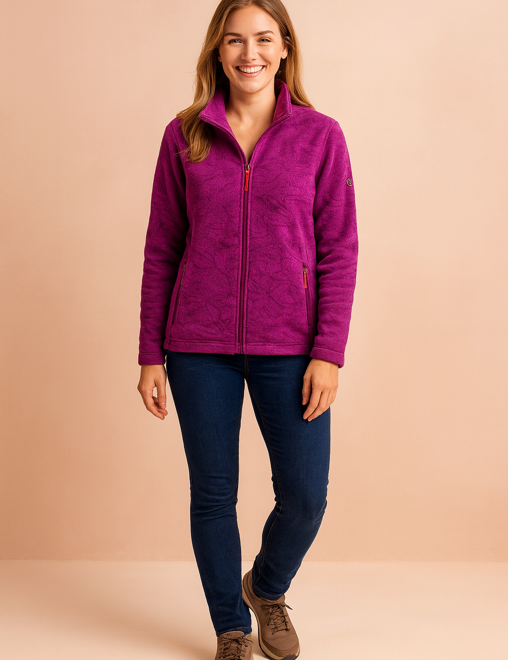 Purple fleece jacket with subtle leaf patterns, full zip front, high collar, and zippered side pockets, styled for casual wear.