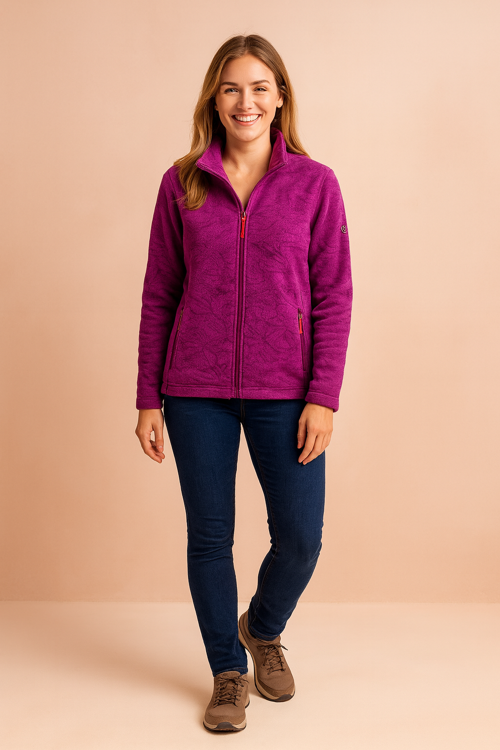 Purple fleece jacket with subtle leaf patterns, full zip front, high collar, and zippered side pockets, styled for casual wear.