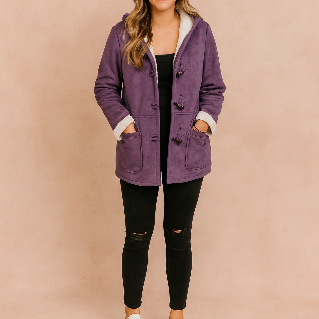 Purple hooded toggle-button winter jacket with white fleece lining and front pockets, designed for warmth and casual style.