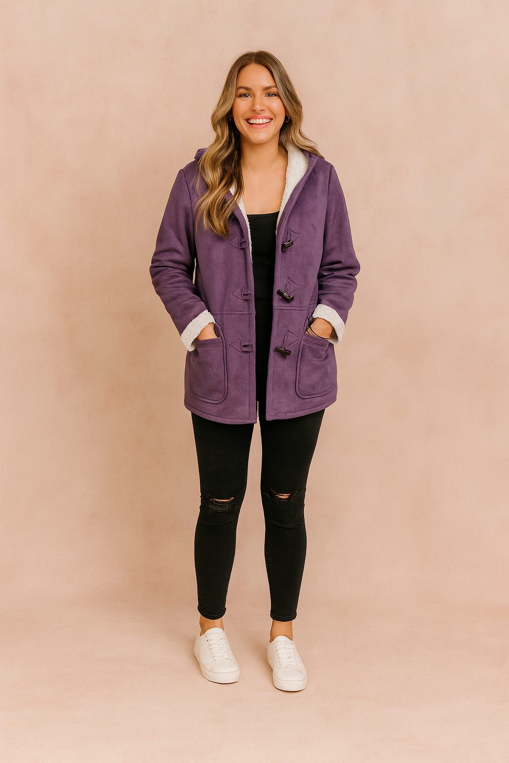 Purple hooded toggle-button winter jacket with white fleece lining and front pockets, designed for warmth and casual style.