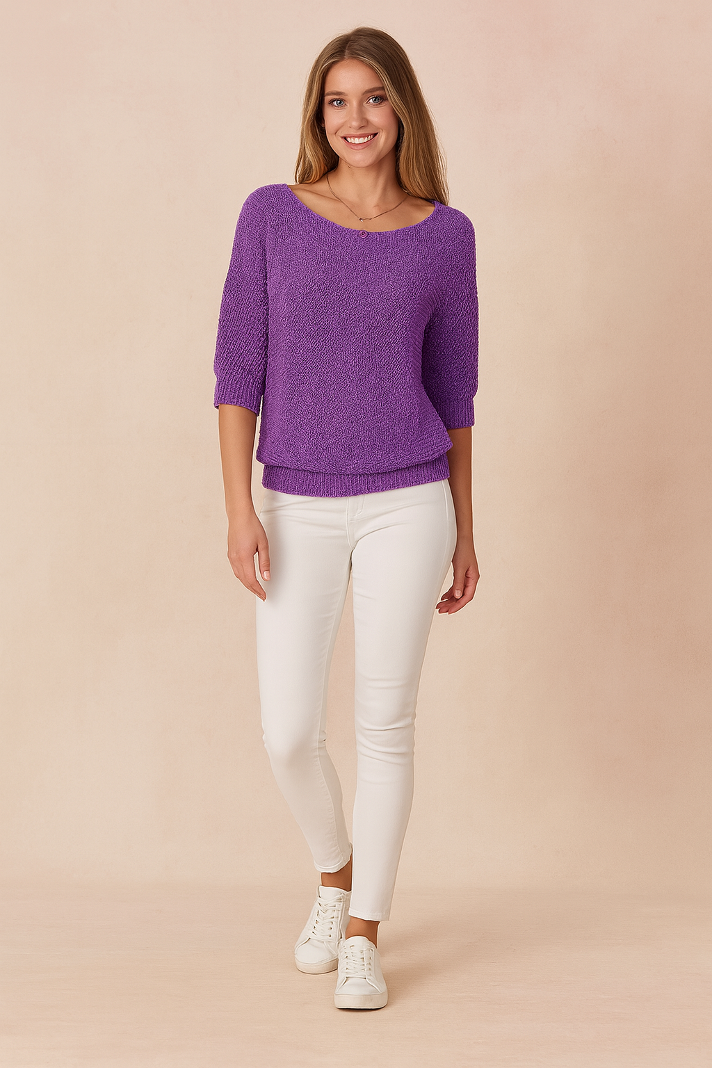 Textured purple knit sweater with half sleeves paired with fitted white skinny jeans and classic white lace-up sneakers, styled for a casual yet polished look.