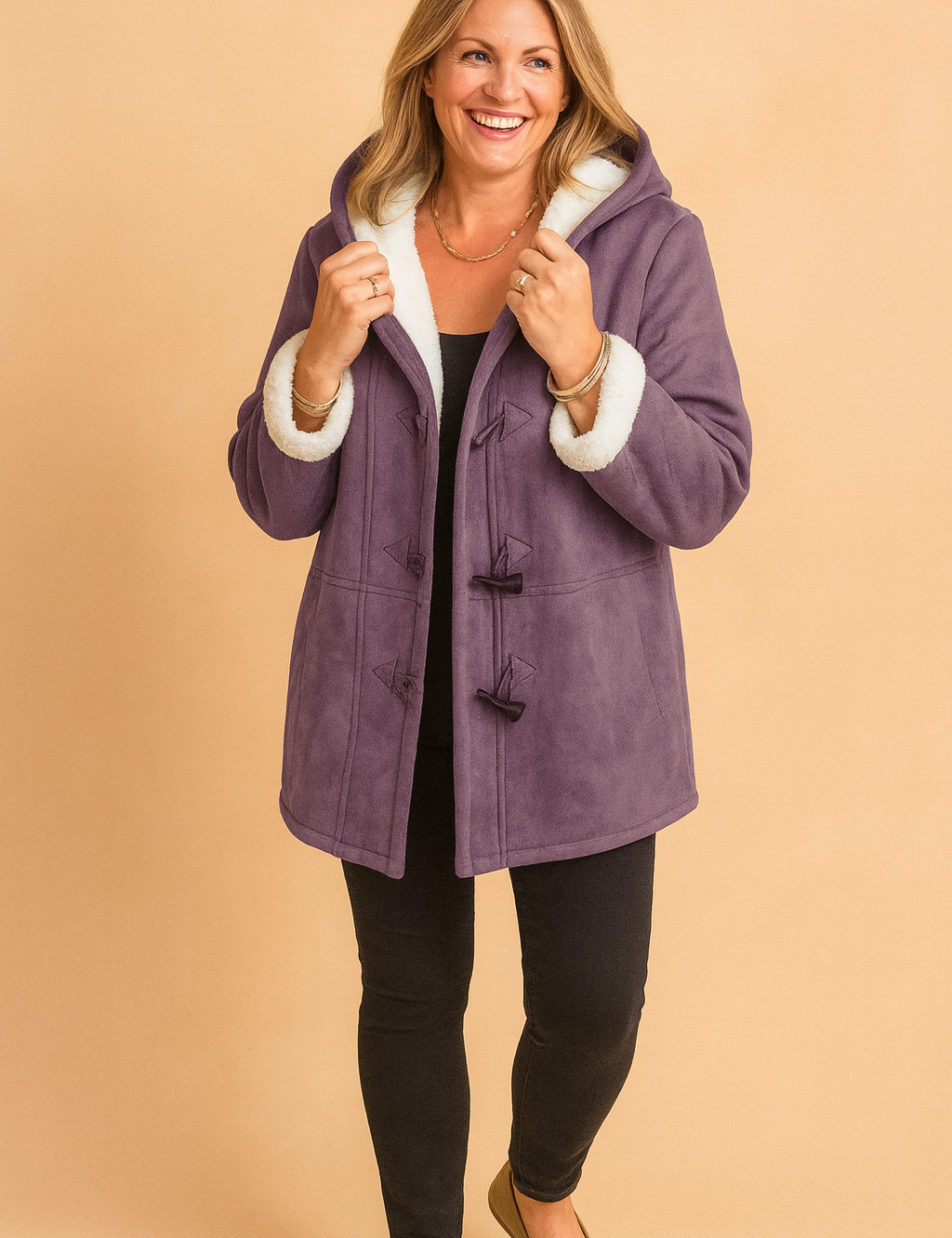 Purple suede duffle coat with white faux shearling lining and cuffs, toggle button closure, paired with black slim-fit pants and taupe loafers.