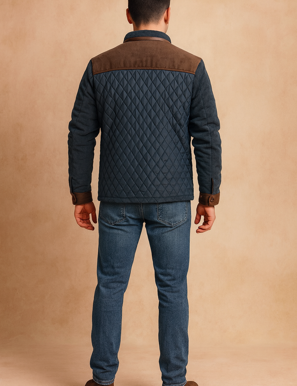 Back view of a quilted navy jacket with brown corduroy shoulders, cuffs, and trim, showcasing diamond-stitched design and casual fit.