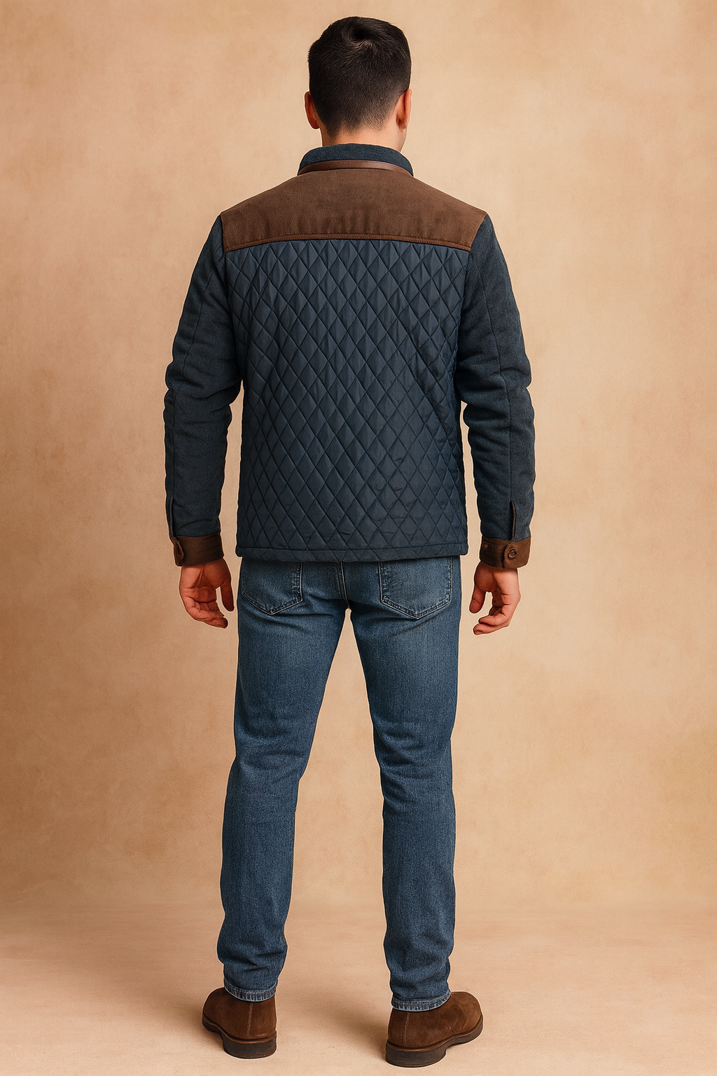 Back view of a quilted navy jacket with brown corduroy shoulders, cuffs, and trim, showcasing diamond-stitched design and casual fit.