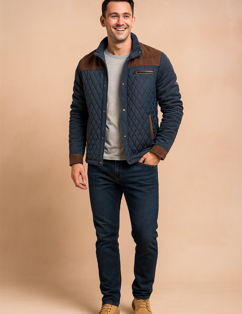 Quilted navy jacket with brown corduroy shoulder panels, cuffs, and trim, featuring a diamond-stitched design and front button closure.