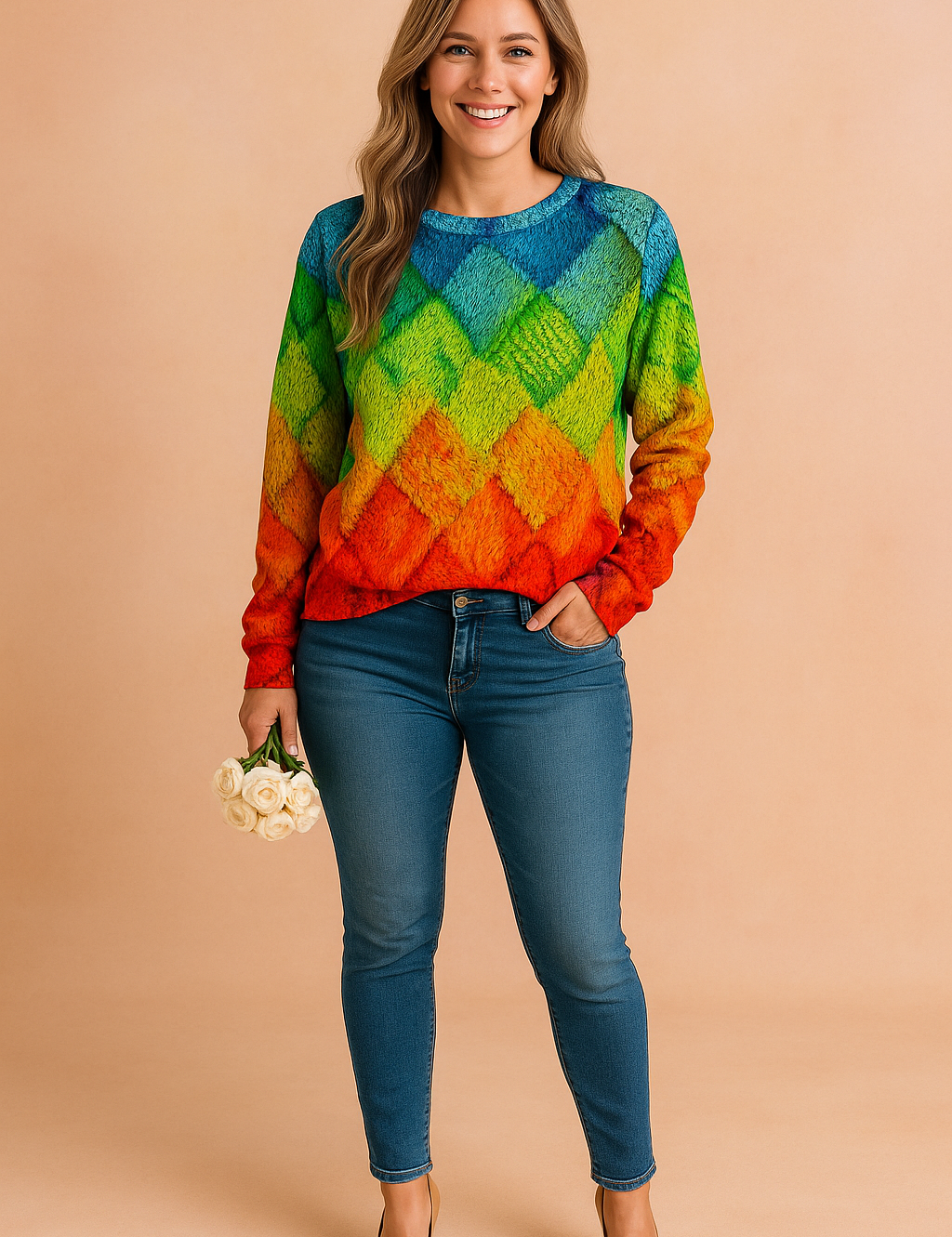 Vibrant printed sweater with diamond-shaped gradient pattern in blue, green, yellow, and orange hues, paired with fitted blue jeans and nude pointed-toe heels.