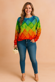 Vibrant printed sweater with diamond-shaped gradient pattern in blue, green, yellow, and orange hues, paired with fitted blue jeans and nude pointed-toe heels.