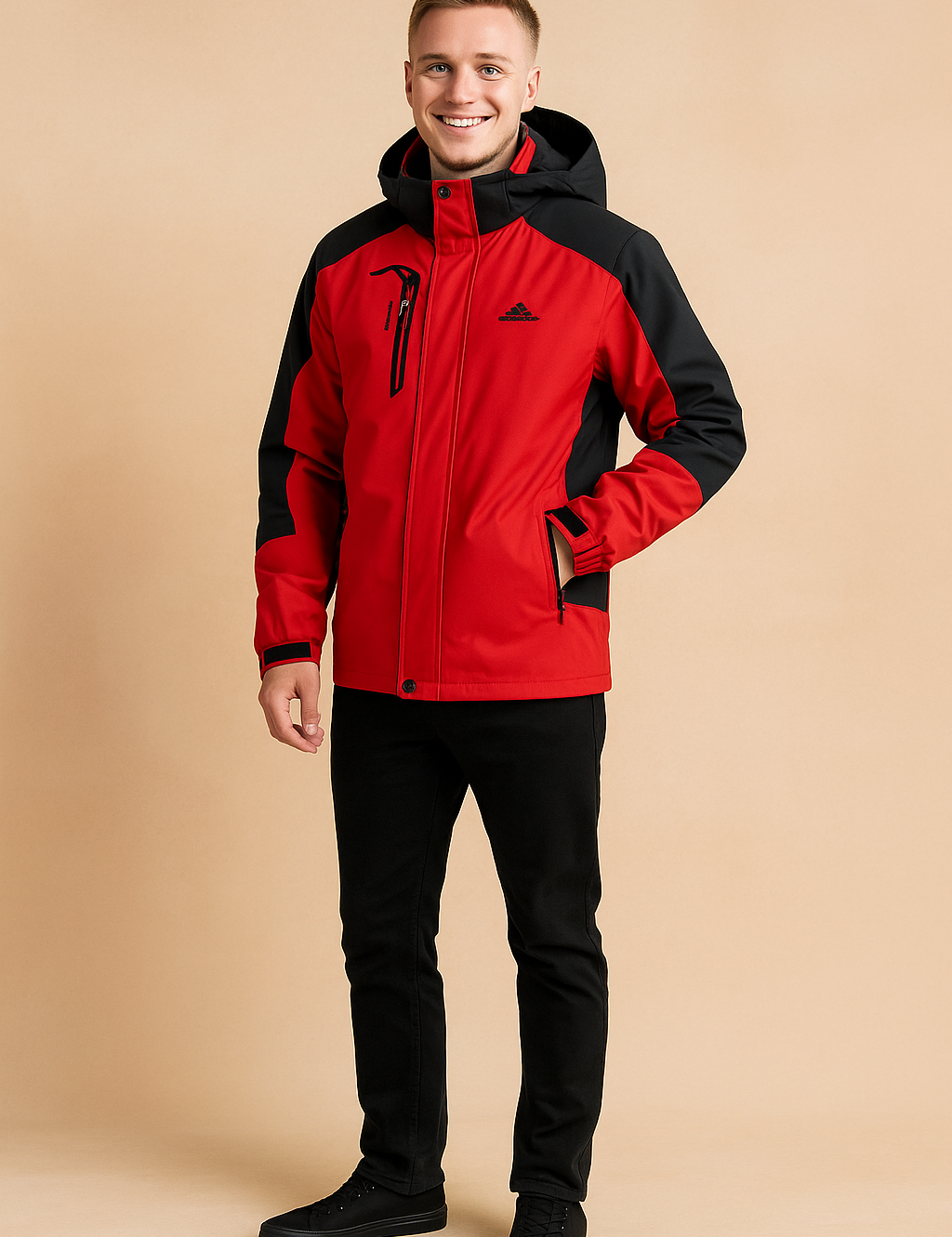 Red and black hooded outdoor jacket with multiple zippered pockets, adjustable cuffs, and weather-resistant fabric, paired with slim black pants and black sneakers.