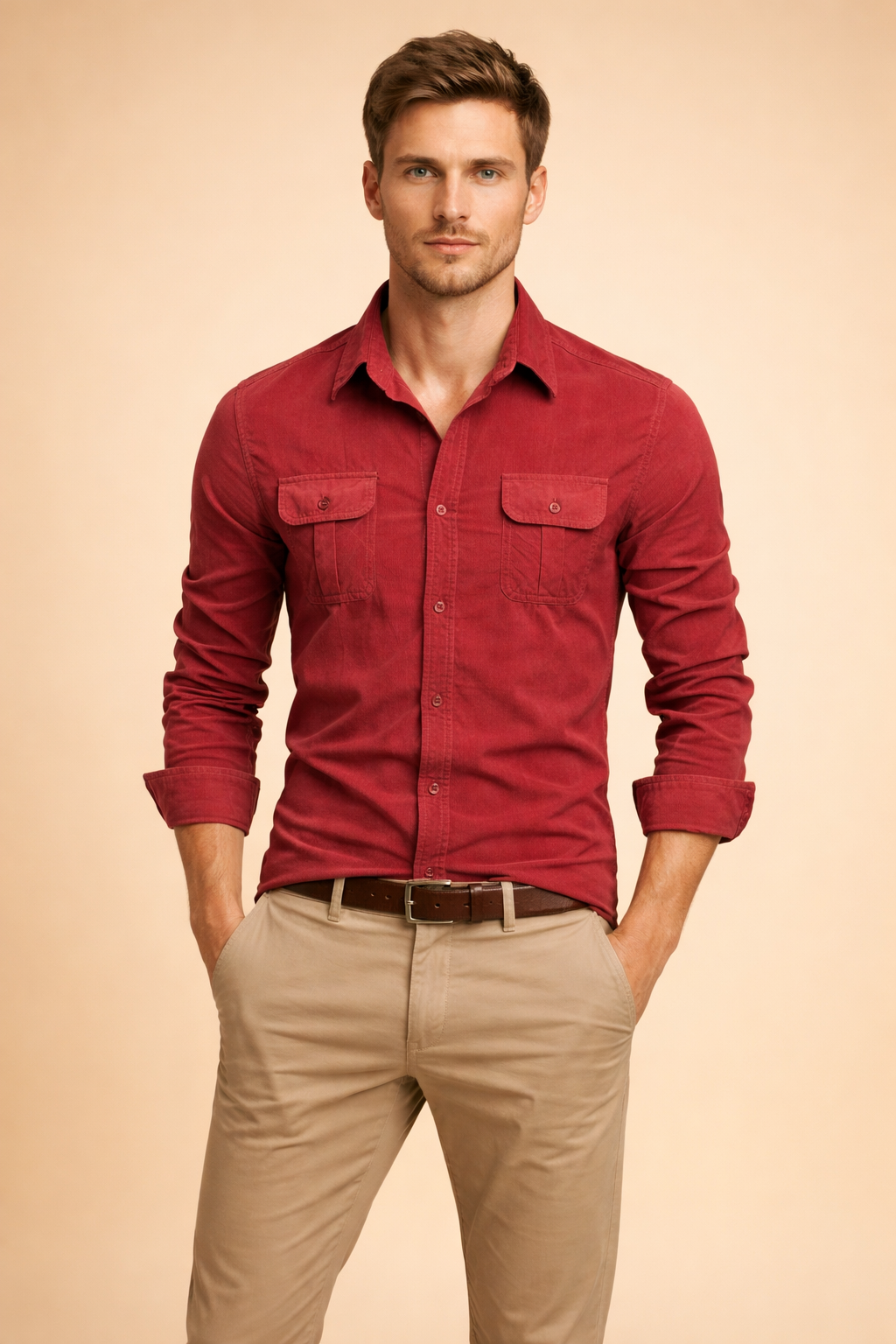 Red long-sleeve button-up shirt with structured collar, dual chest flap pockets, tonal buttons, and tailored fit, paired with beige straight-leg chinos and a brown leather belt.