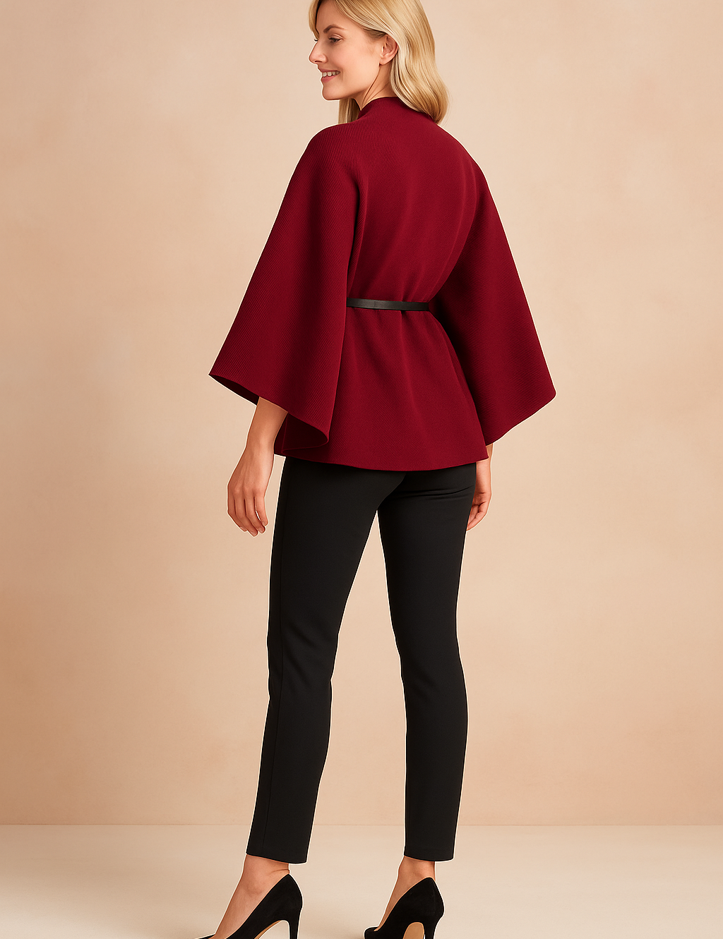Elegant women's red cape-style jacket with side belt detail, long sleeves, and tailored fit, shown from the side for design emphasis.