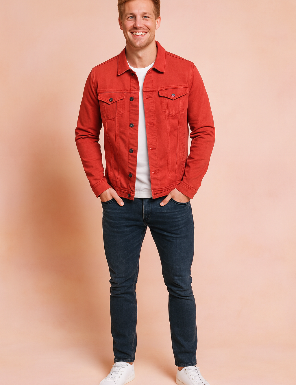 Red denim jacket with button-front closure, chest flap pockets, long sleeves, and tailored fit paired with dark slim-fit jeans and white sneakers.